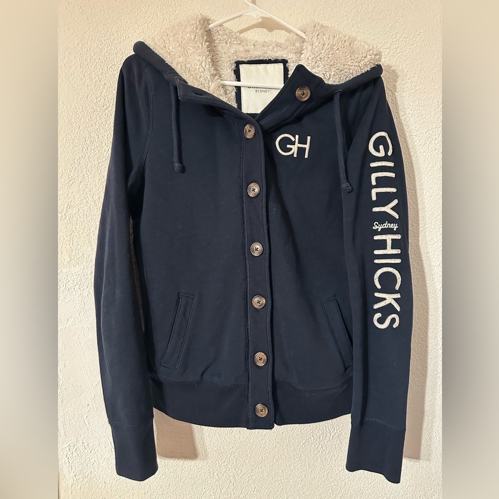 Gilly Hicks Jacket Women Navy Sherpa Button Up Hoodie Logo Sleeve/ Chest Size L